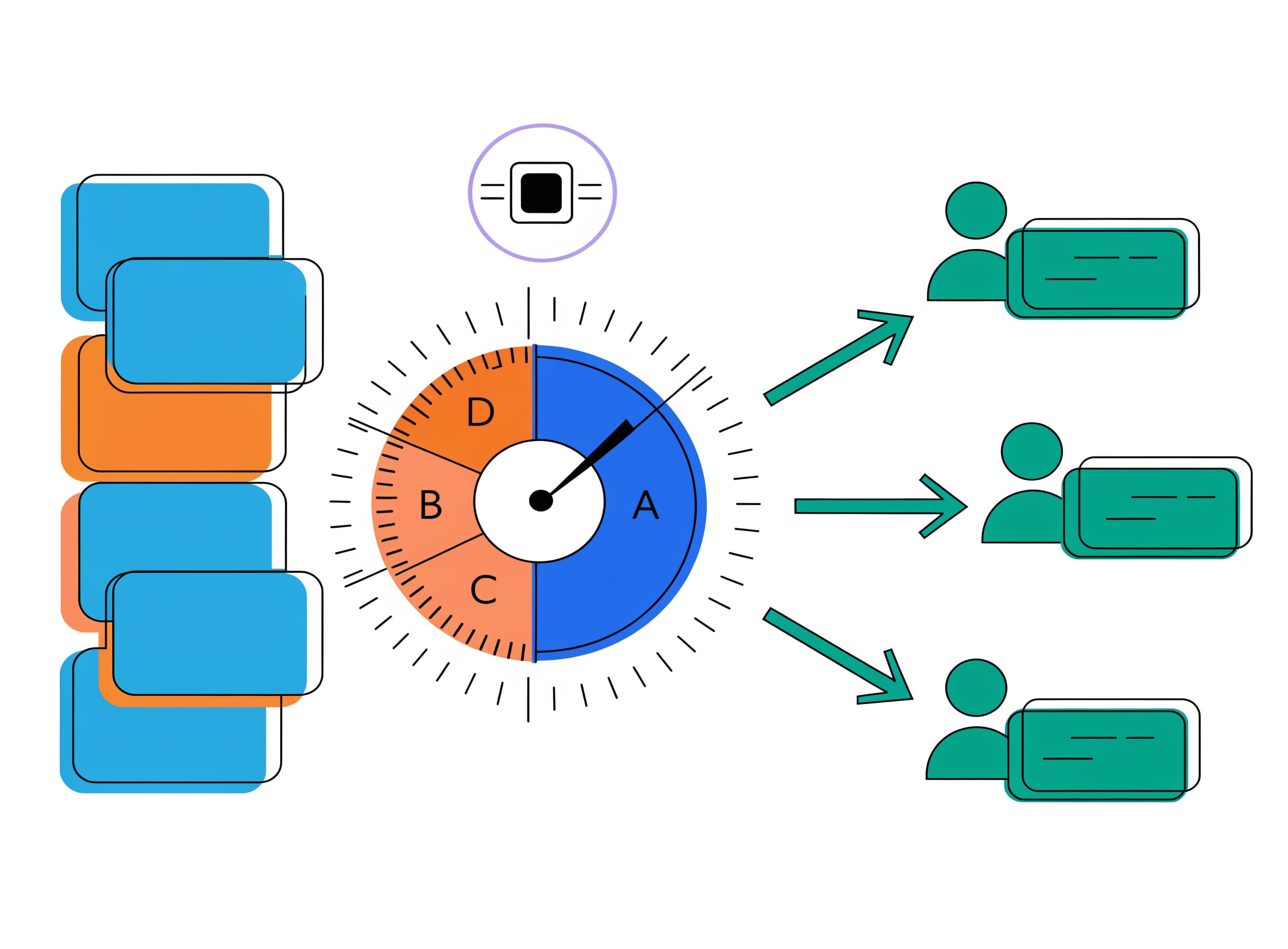 AI lead scoring and routing dial with tier assignments feeding into sales rep queues