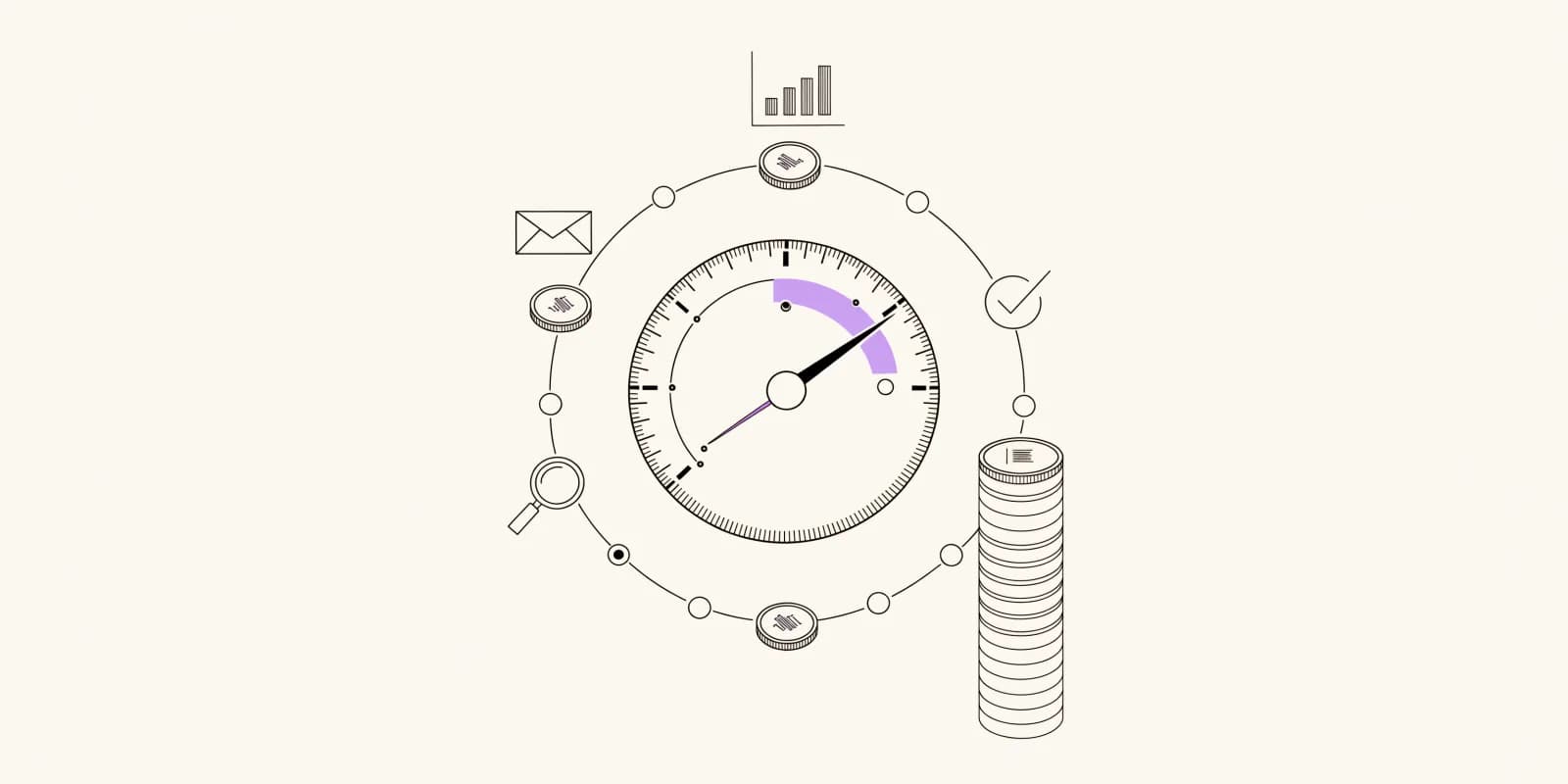 A gauge dial with the needle partway along the arc highlighted in lavender, surrounded by individual agent-action icons (envelope, chart, magnifying glass, checkmark) each connected by a thin line to a coin being consumed, plus a vertical stack of coins on the right showing the remaining credit reserve depleting