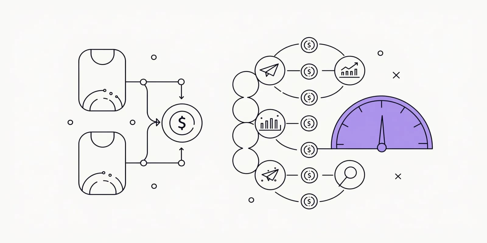Split diagram: left side shows two seat icons connected to a fixed price tag (seat-based pricing); right side shows a conveyor of token coins flowing into a lavender meter dial being consumed per agent action, with paper-plane and chart icons each triggering one token disappearance
