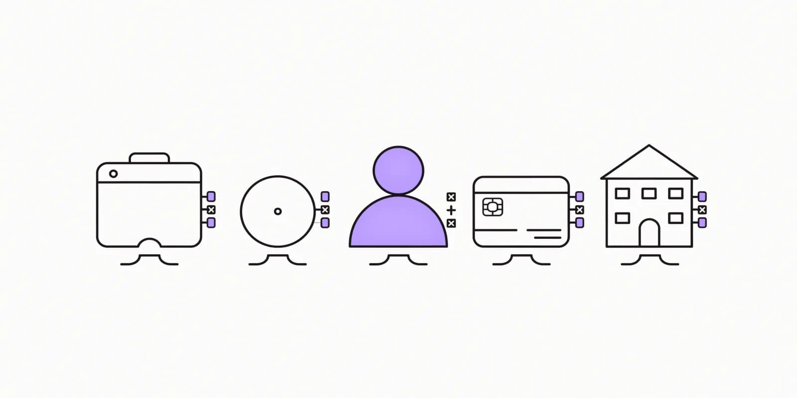 Five building-block shapes arranged in a row representing data primitives: a browser window (session), an event dot with timestamp (event), a person silhouette (MAU), a credit card (subscription), and a company building (account); one block highlighted in lavender