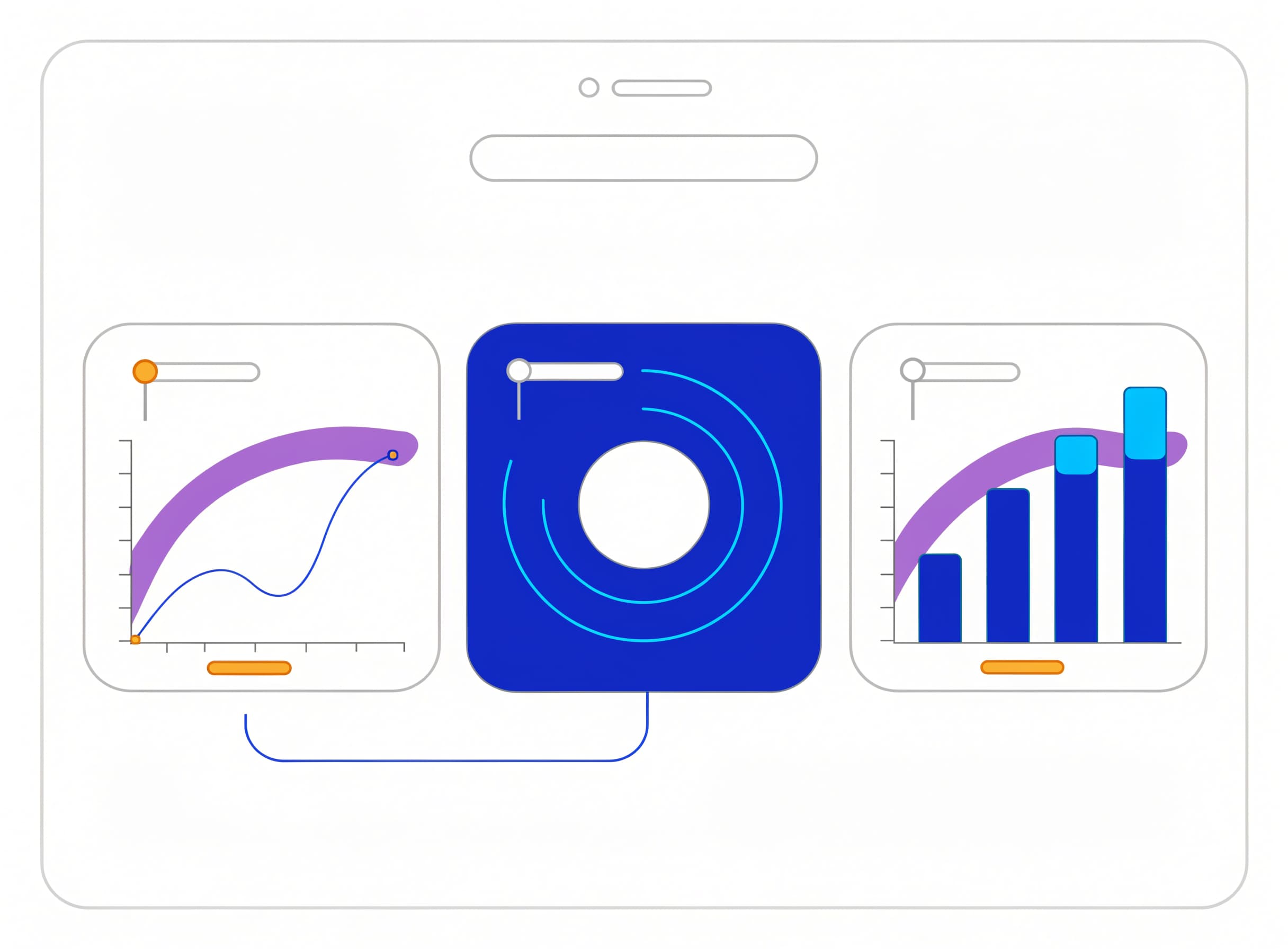 the-kpi-blueprint shows a dashboard card with three metric tiles (line chart, KPI number, bar chart), each with an owner badge and a threshold tick, connected by a small formula bracket