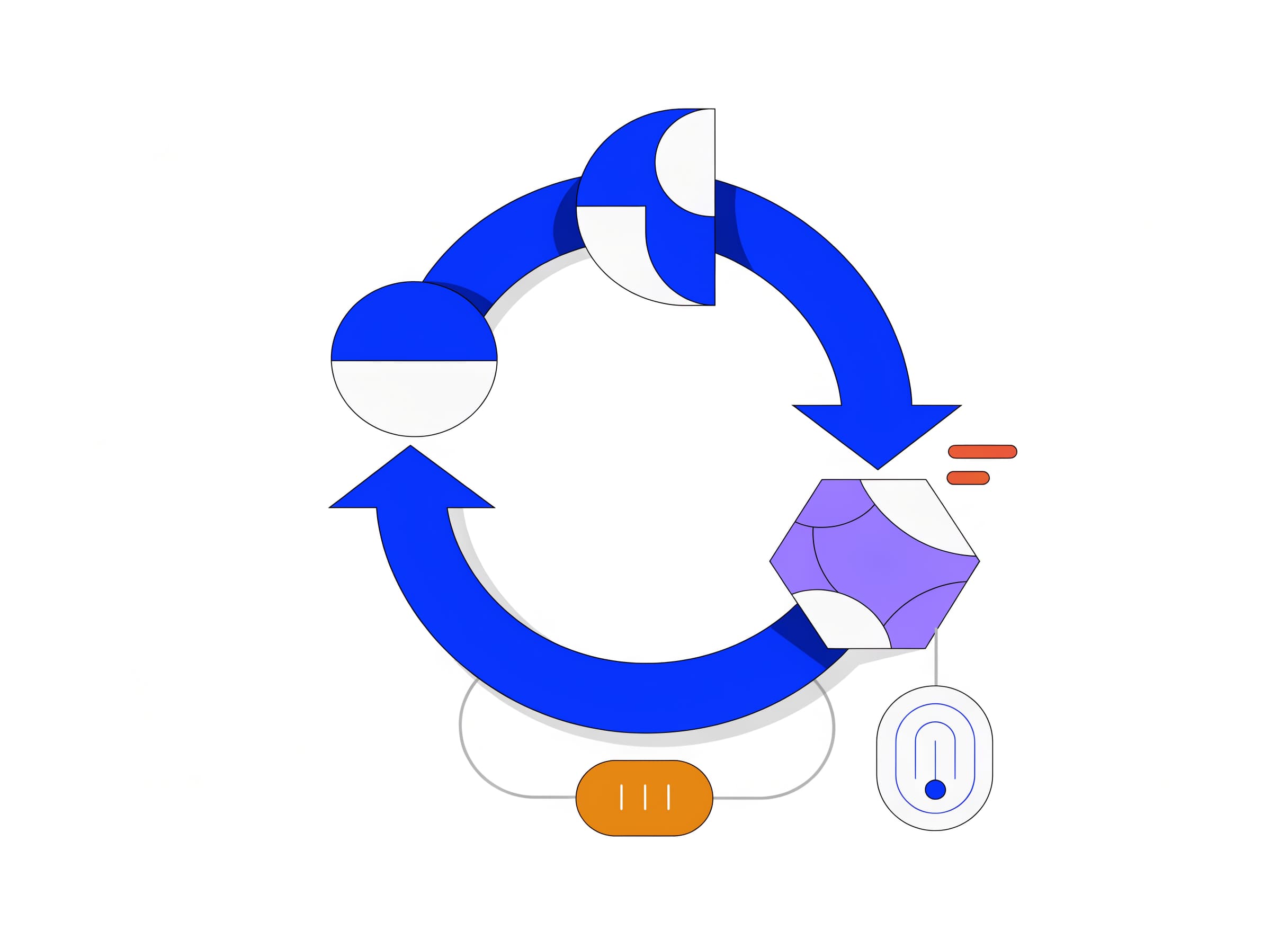 the-loop-designer draws a circular arrow loop with trigger, action and a lavender hexagonal check-gate that can fail, plus a stop-condition tag and cadence chip