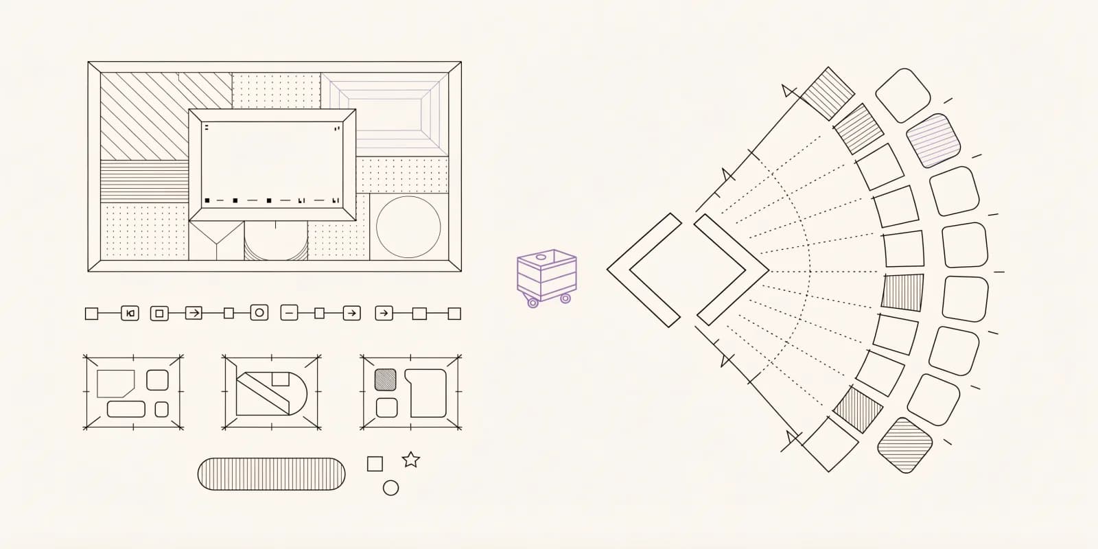 the-page-shipper generates a landing-page wireframe with hero, proof-strip, feature blocks, and CTA, next to HTML tag brackets and Tailwind class swatches, with a lavender shipping-crate icon on wheels between them for quick delivery