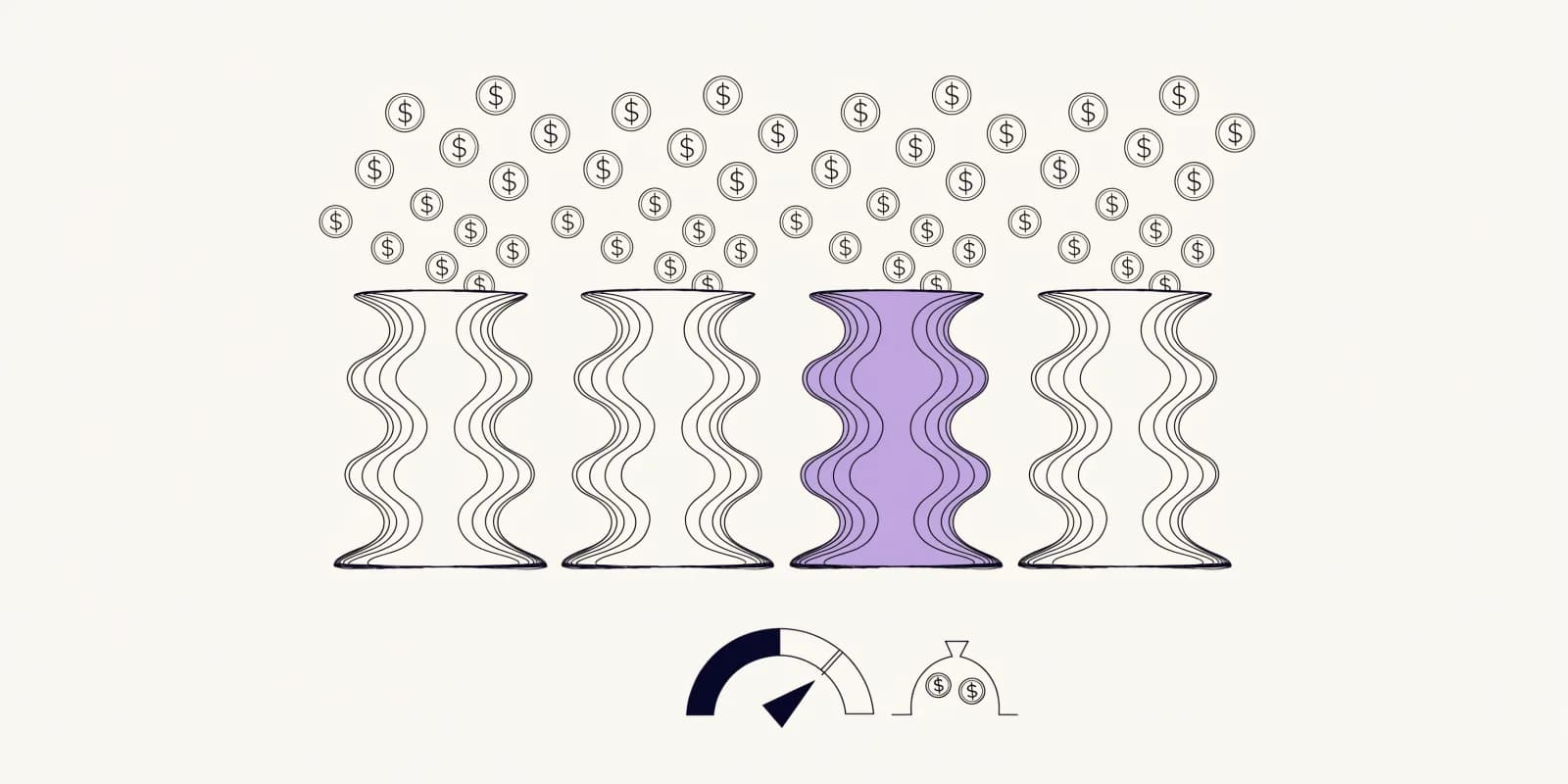 the-spend-waste-finder ranks channel spend bars with one concentration bar highlighted in lavender, a ROAS gauge past threshold, and a contribution-margin bracket showing profit is smaller than ROAS suggests