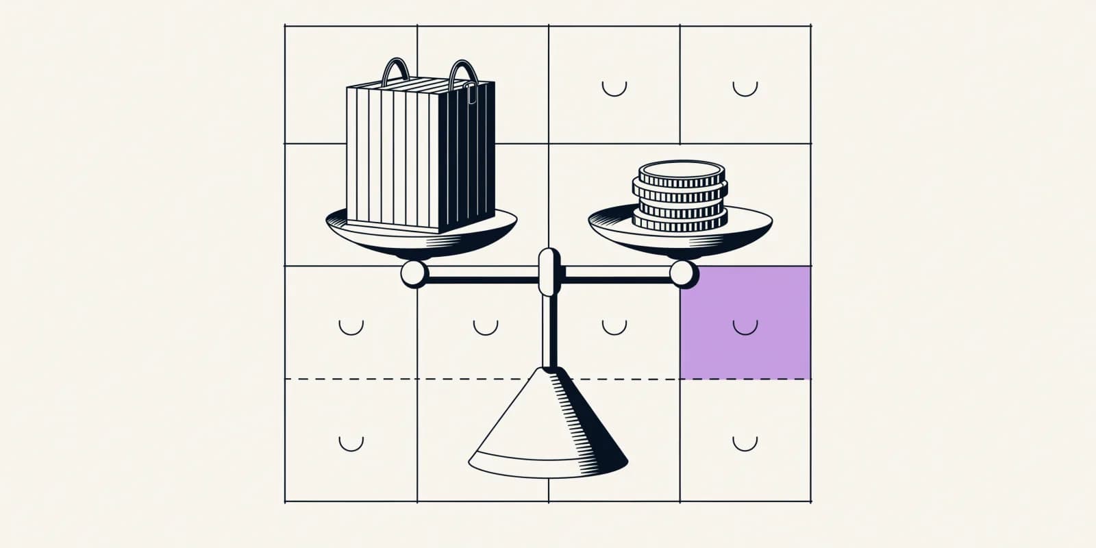the-shipping-recovery-check weighs a shipping crate against coins on a scale, over a grid banded by order-value and zone with one leaking cell highlighted in lavender and a dashed free-shipping threshold line