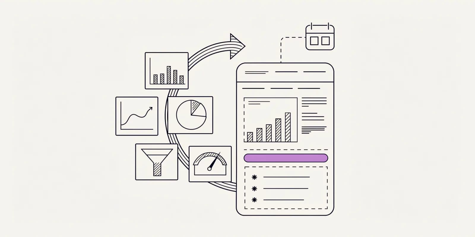 the-weekly-reporter converges five scattered dashboard tiles (bar chart, line graph, pie, funnel, gauge) into one weekly readout page with three action bullets and a lavender summary bar, plus a Monday-cadence calendar marker