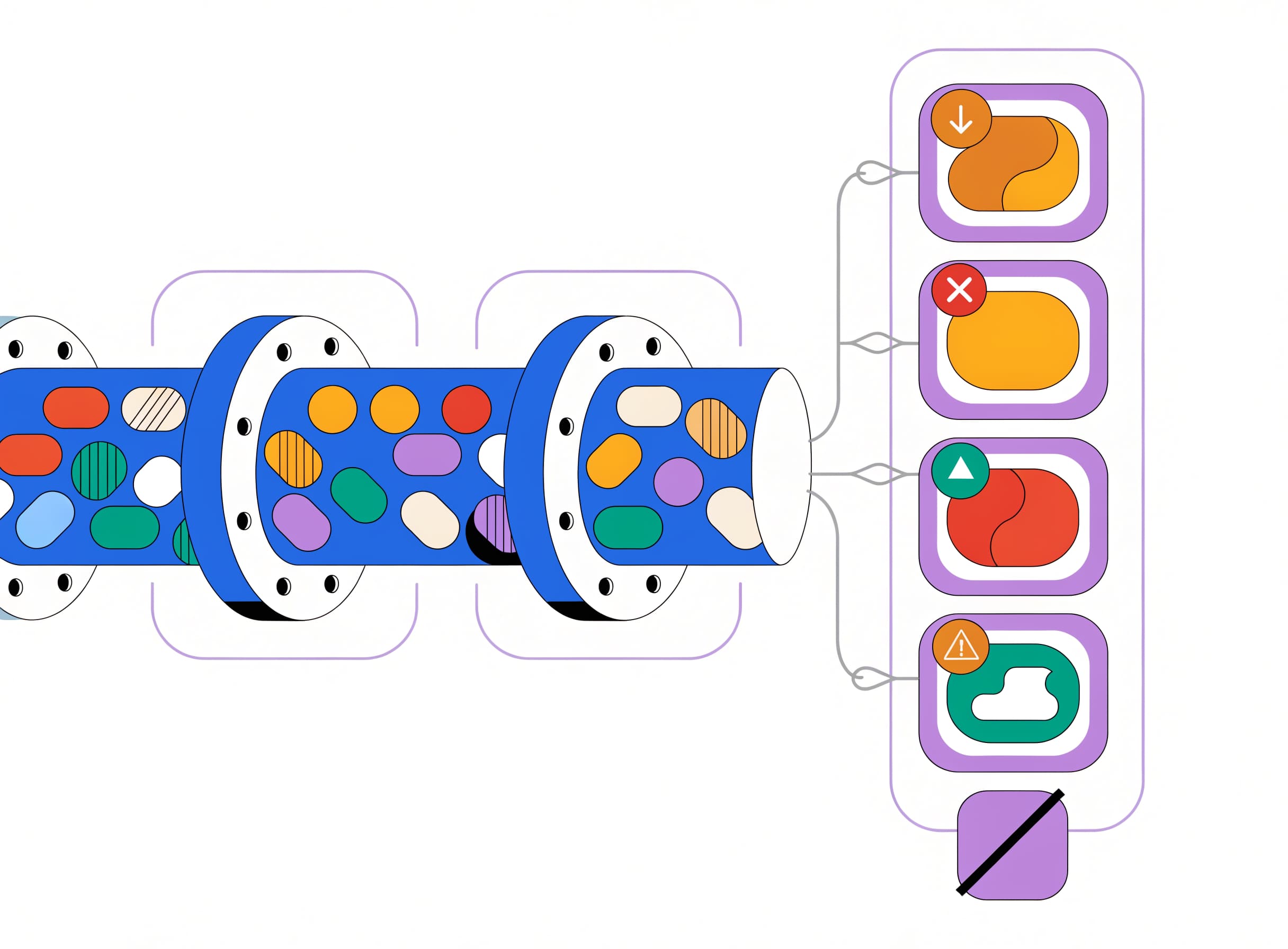 the-pipeline-scanner runs many deals through a long pipe and returns only four filtered deal cards each with a specific alert badge above a strikethrough padding shape