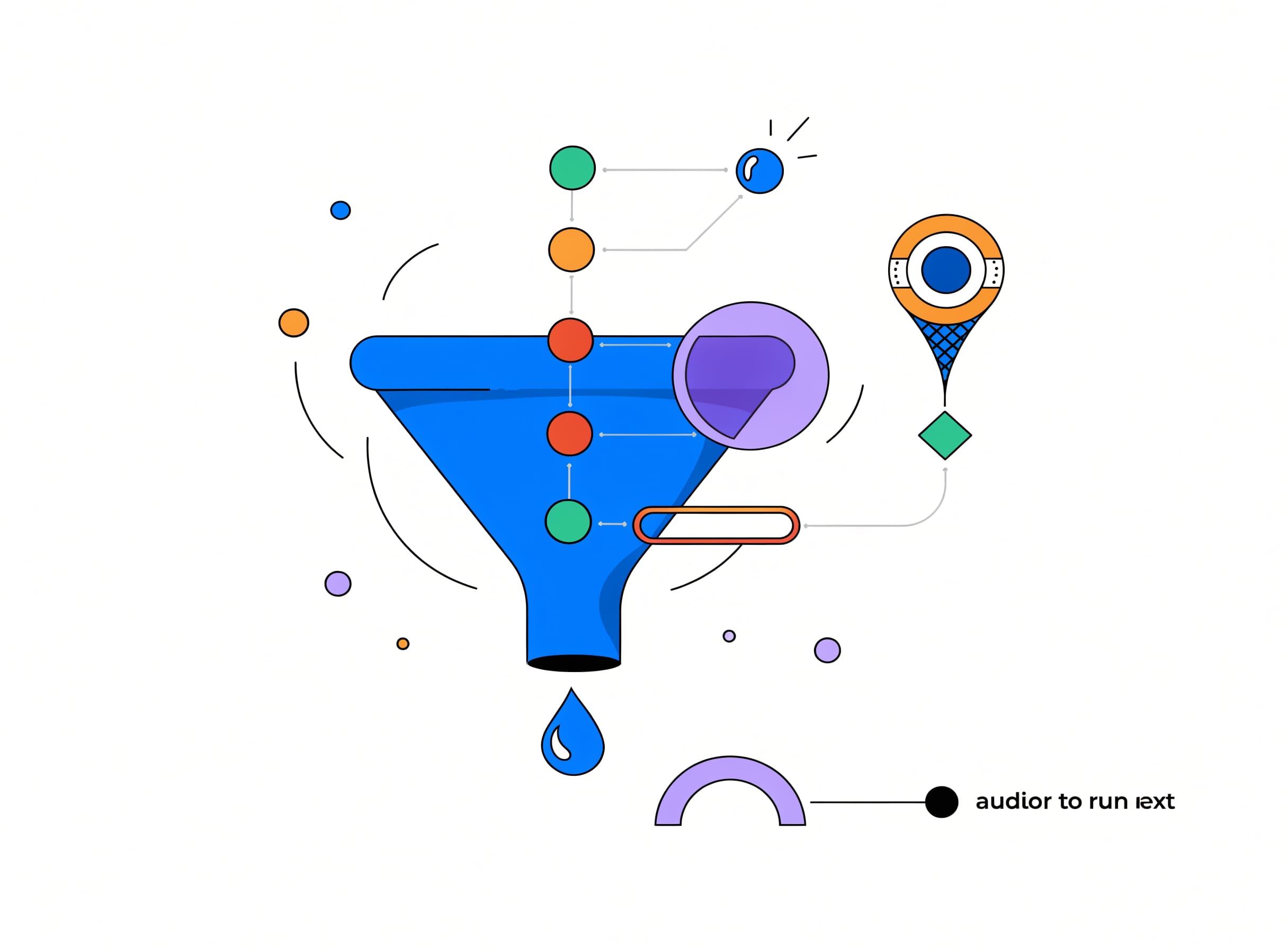 the-leak-finder narrows a four-stage funnel to one flagged red stage with a callout marker and a small next-action arrow to the auditor to run next