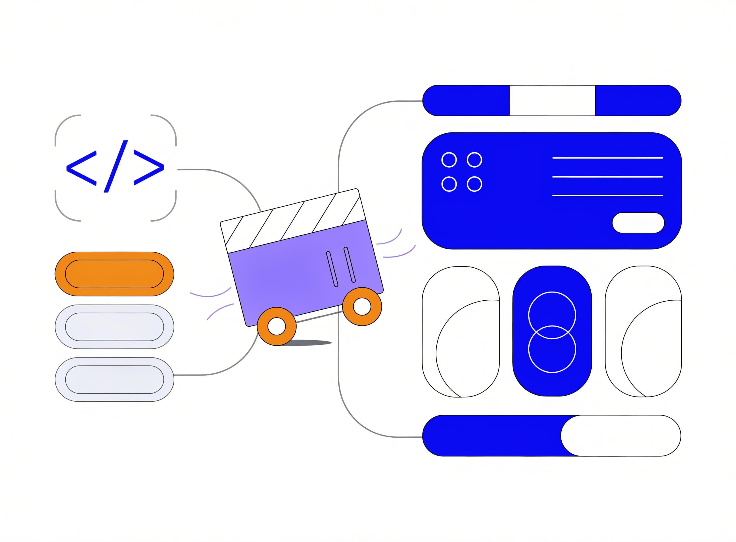 the-page-shipper generates a landing page wireframe with hero, proof strip, feature blocks and CTA next to HTML tag brackets and Tailwind swatches with a lavender shipping crate between them