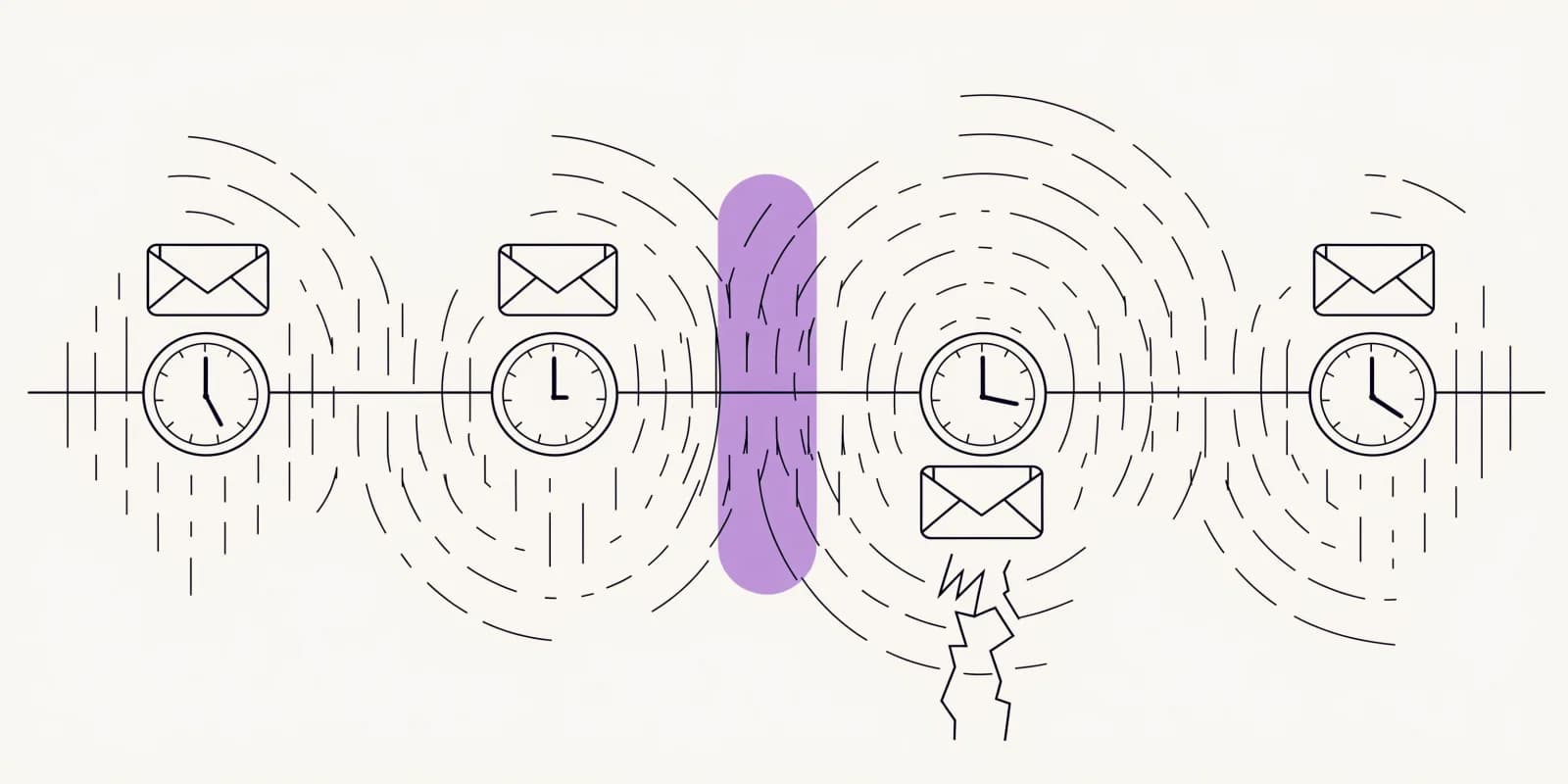 the-repeat-purchase-check lays four post-purchase touchpoints along a timeline with a lavender median-second-order-timing marker sitting between two of them and a crack-marker under the mistimed touchpoint