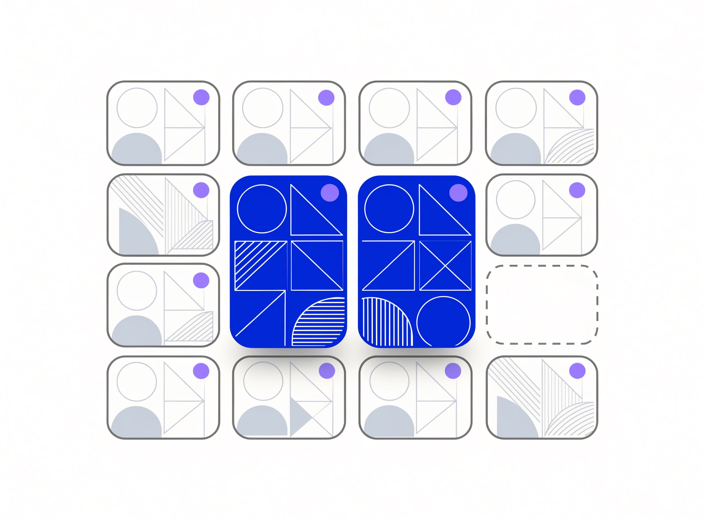 the-angle-vault shows a 7x2 grid of 14 numbered angle cards with two selected in blue, one dashed as rejected, and lavender AI dots on selected cards