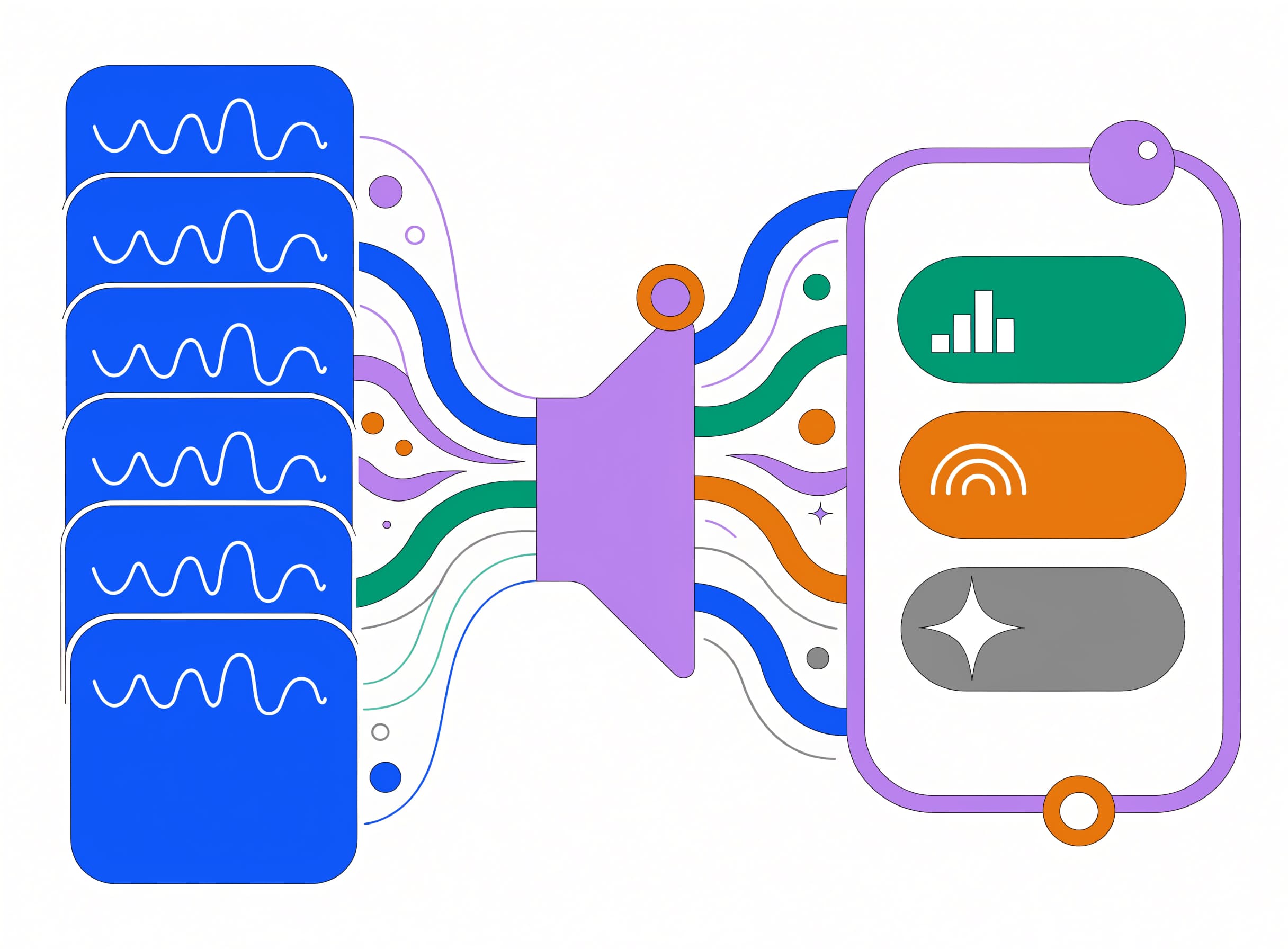 the-transcript-miner extracts deal-signal, confirmed-pain and stakeholder-map insight tags from a stack of transcript cards via a lavender extraction funnel
