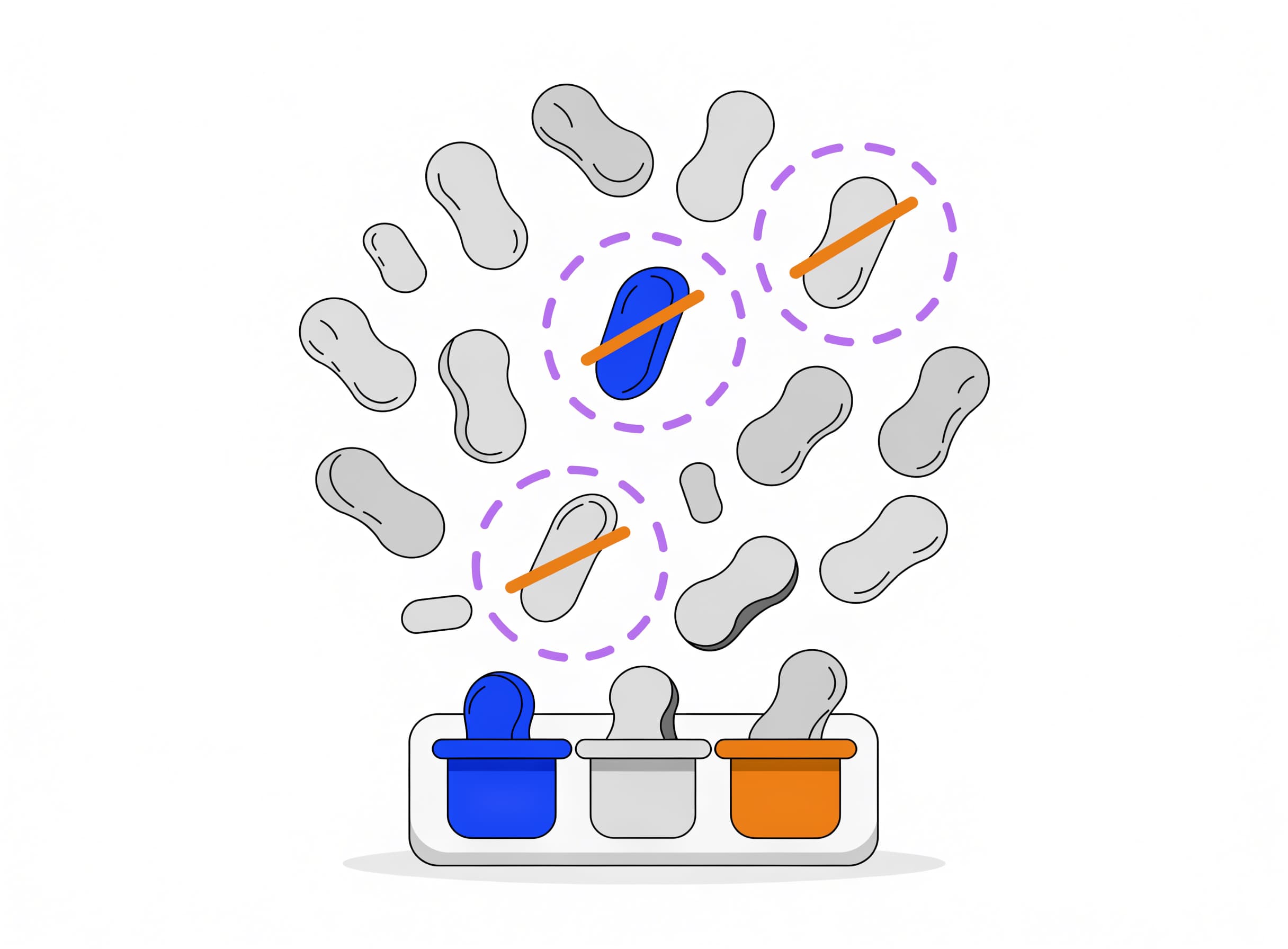 the-search-term-miner sorts scattered query pills into three buckets - branded-leak, competitor and junk - with three pills circled in lavender and struck through as negatives