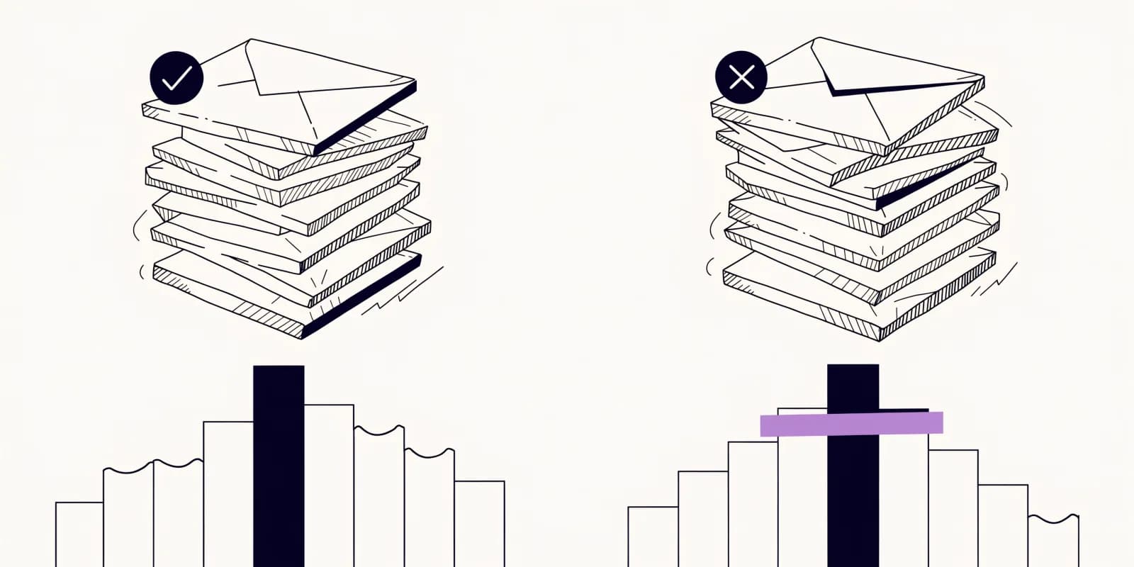 the-win-loss-analyzer stacks closed-won envelopes with checkmarks on the left against closed-lost envelopes with Xs on the right, each with a ranked bar chart of reasons and a lavender evidence-quote fragment marking a rep-underreported pattern
