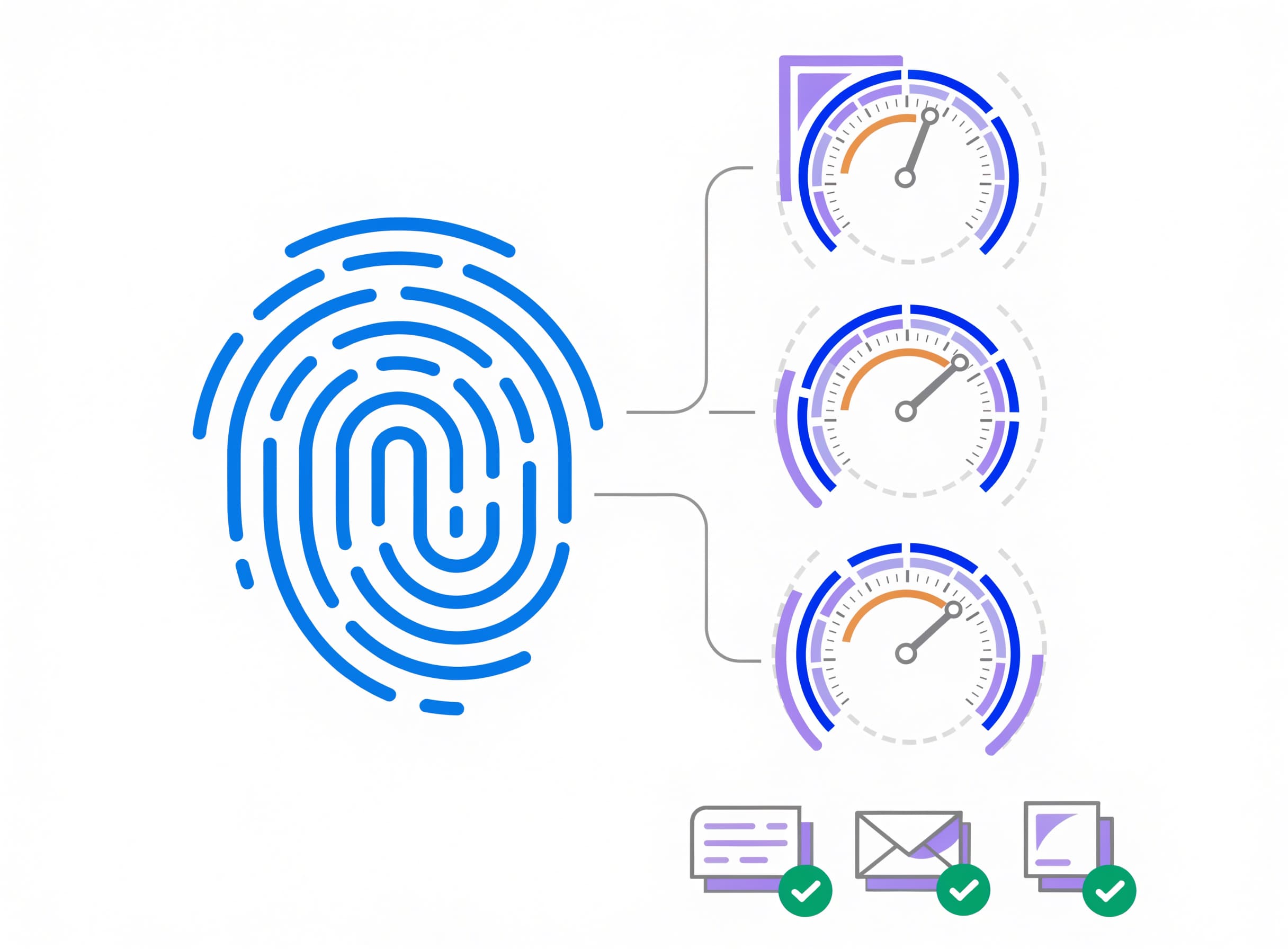 the-voice-fingerprint maps a layered fingerprint to three tone-dimension gauges with three output-channel icons each carrying a voice-consistency check-badge