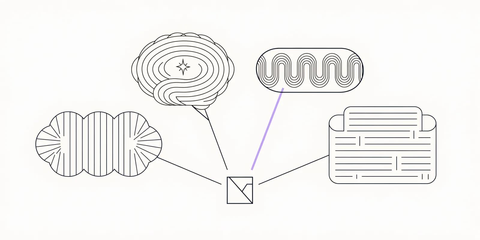 A central brand-mark square with a distinctive corner cutout is surrounded by four AI-engine speech bubbles arranged in a semi-circle (chat cloud, brain-plus-sparkle, search waveform, answer card), each connected back to the brand mark by a thin ink line with one citation line highlighted in lavender