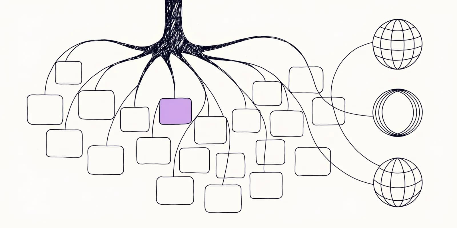 A site-map tree diagram with a root node at the top-left and page-rectangle leaves branching down; on the right side, four AI-engine icons pull from specific leaves via thin curved lines, with the most-cited leaf highlighted in lavender and a few uncited leaves drawn faintly to show invisible pages