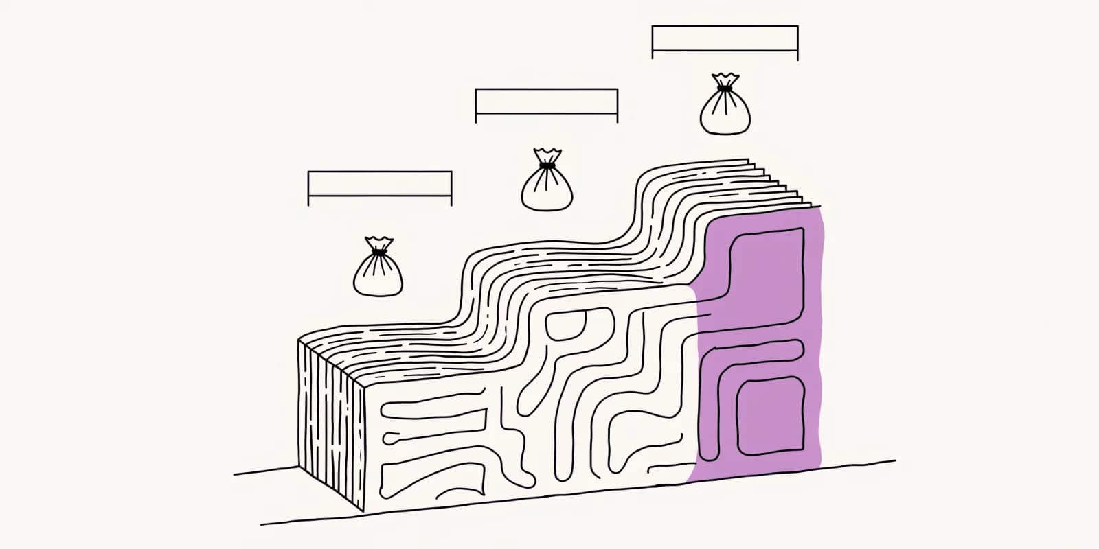 Three ascending budget-tier blocks arranged as steps left to right, each labeled by a growing dollar-bag icon (small, medium, large), with the largest enterprise-tier block on the right highlighted in lavender and blank numeric-placeholder bracket rectangles above each tier