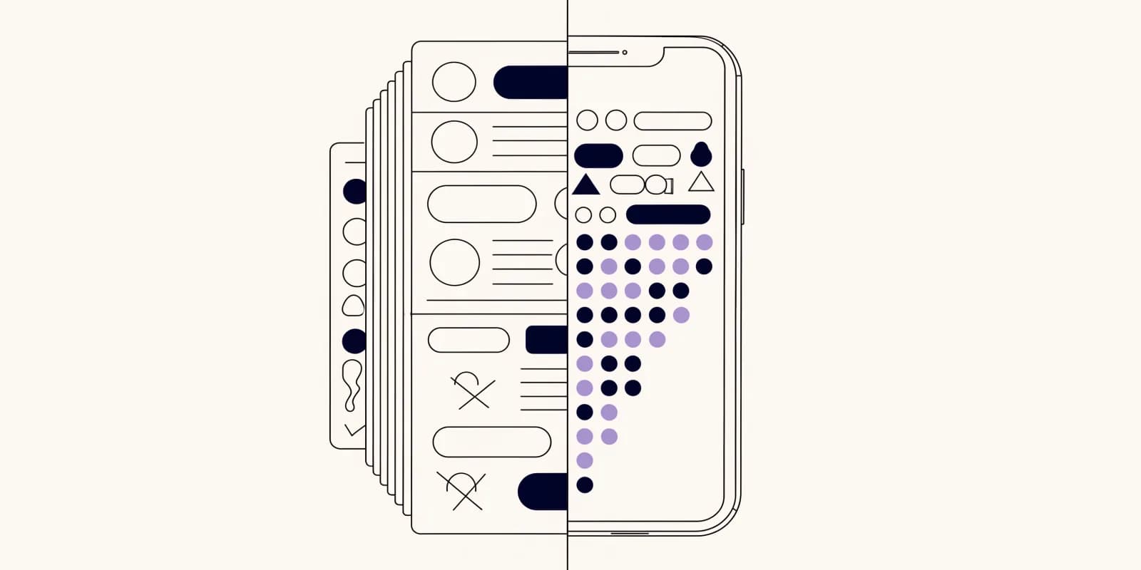 Split diagram: a stack of paper concept-deck sheets with generic mockup shapes on the left (some crossed out as unshipped), and on the right a mobile phone device frame containing an actual shipped AI product interface in lavender with live chart shapes, buttons, and activity dots
