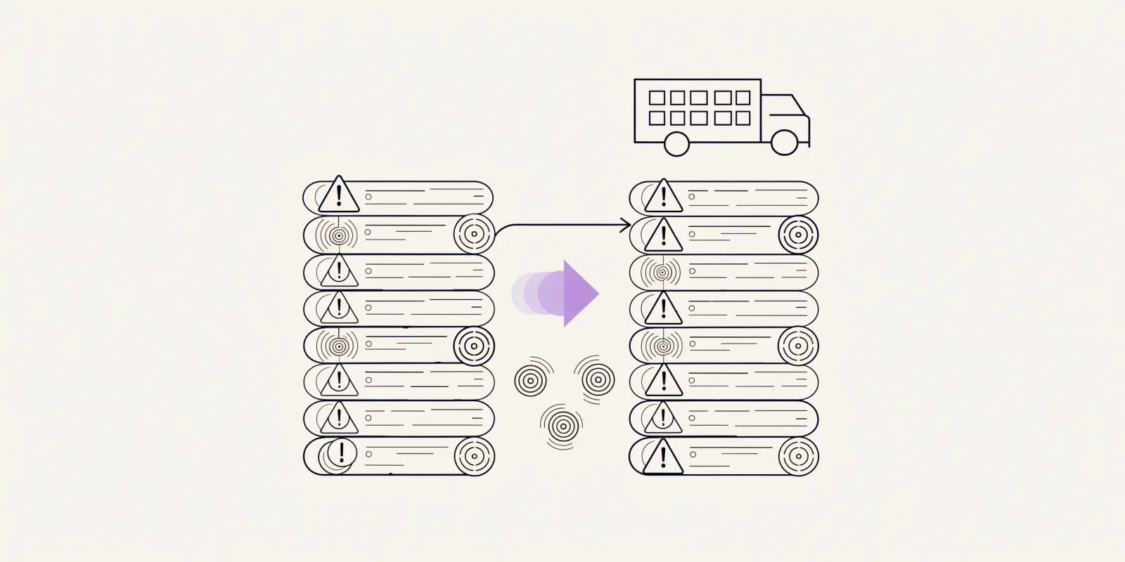 the-feed-watch shows two feed-inspection panels side by side (last run, current run) each with catalog rows and warning icons, with a lavender delta arrow between them highlighting new and regressed issues grouped into three cause buckets, and a delivery-truck icon at the top-right