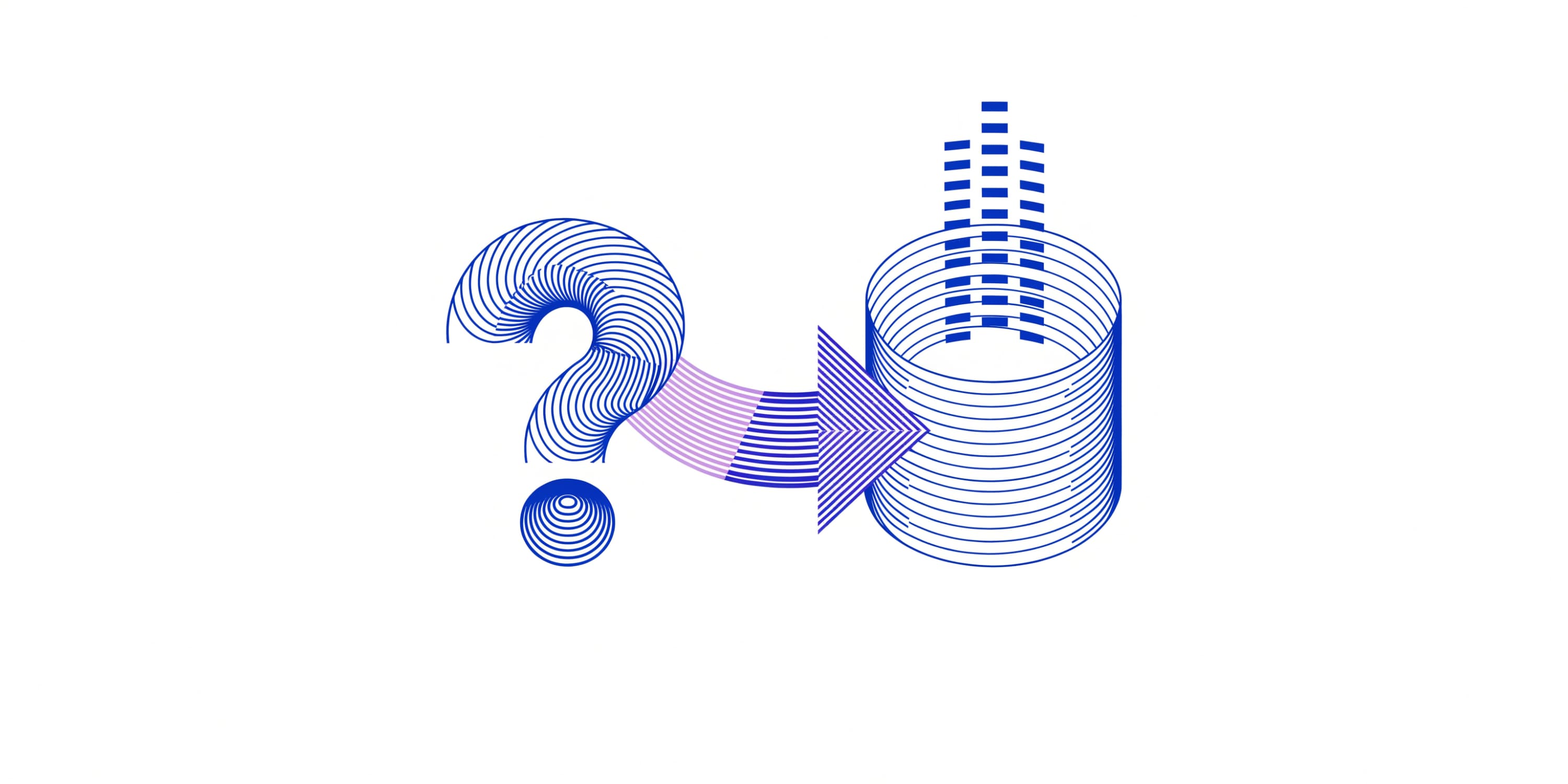 A plain-language question mark on the left connected by a translation arrow to a database cylinder on the right, with rectangular query-result rows emerging - illustrating natural-language-to-query generation without hand-written SQL