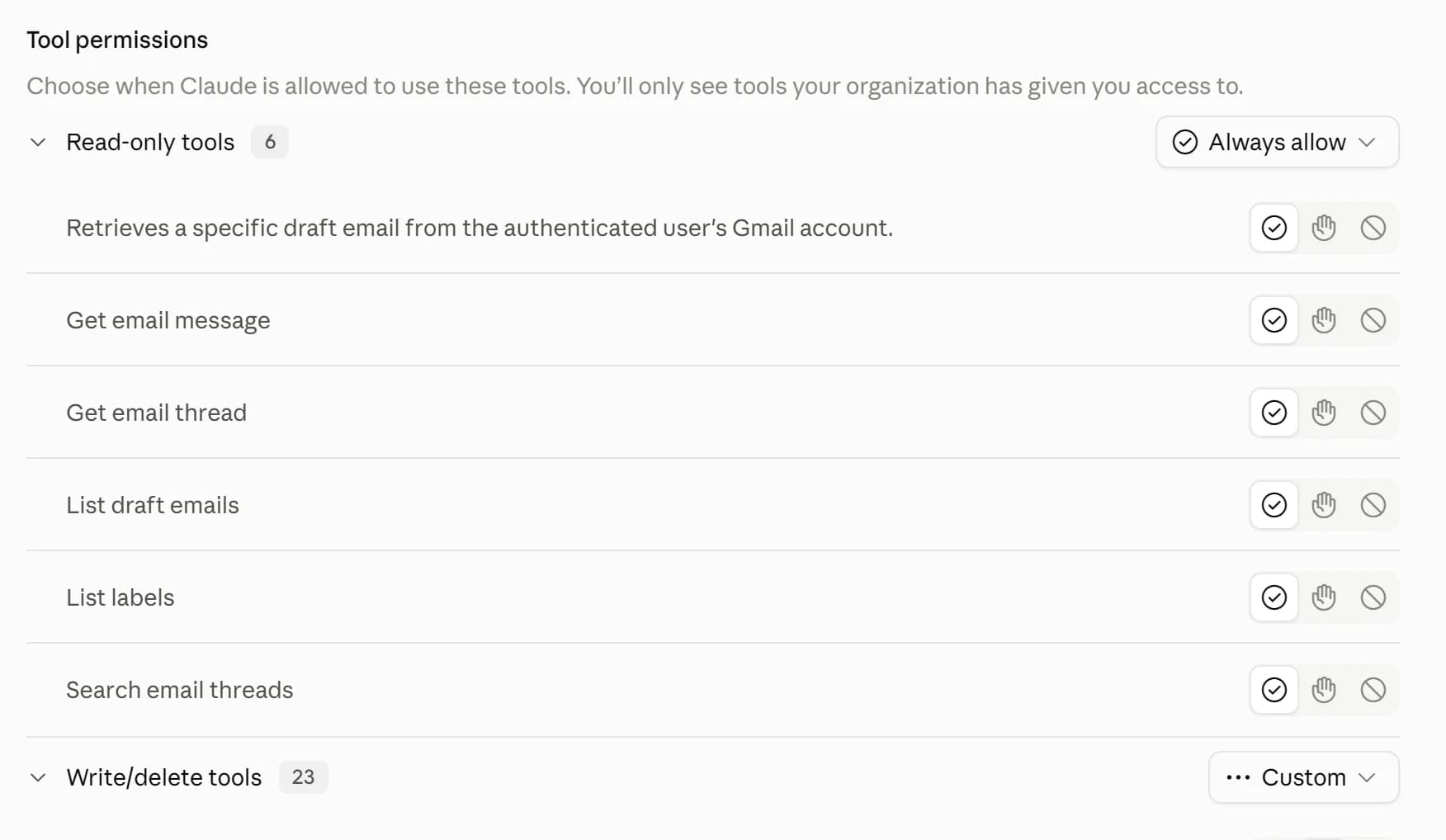 Gmail tool permissions in Claude: six read-only tools set to Always allow, twenty-three write and delete tools set to Custom