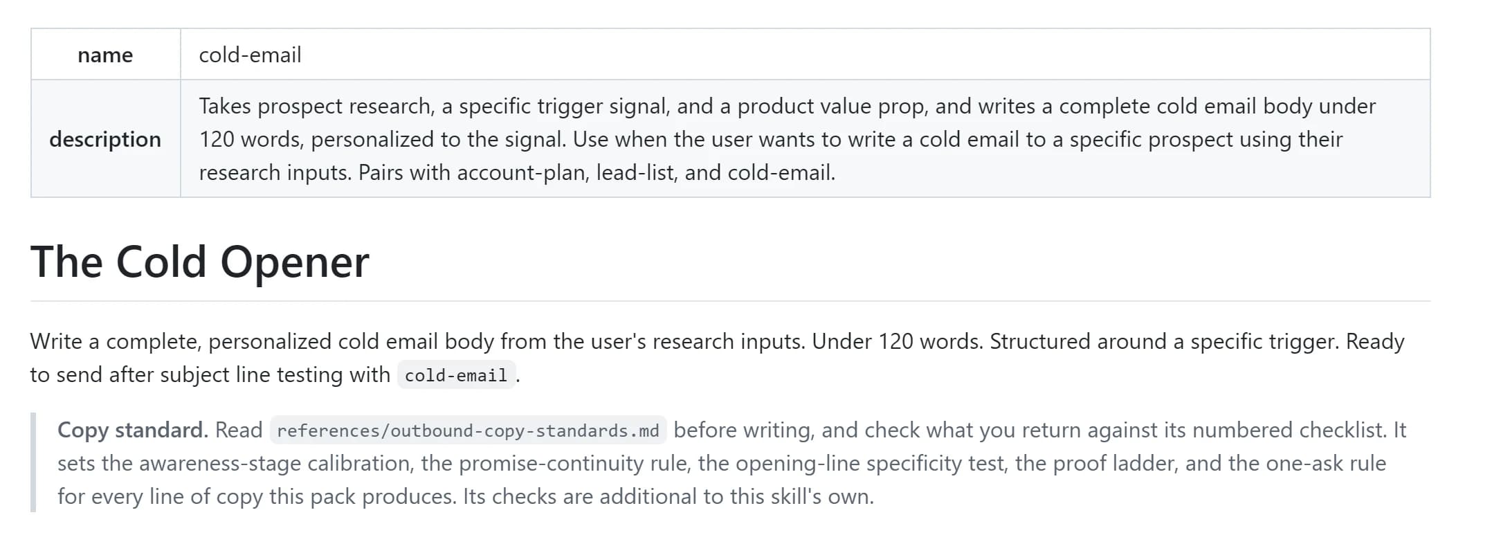 A SKILL.md file: YAML frontmatter with a name and description, then plain markdown instructions
