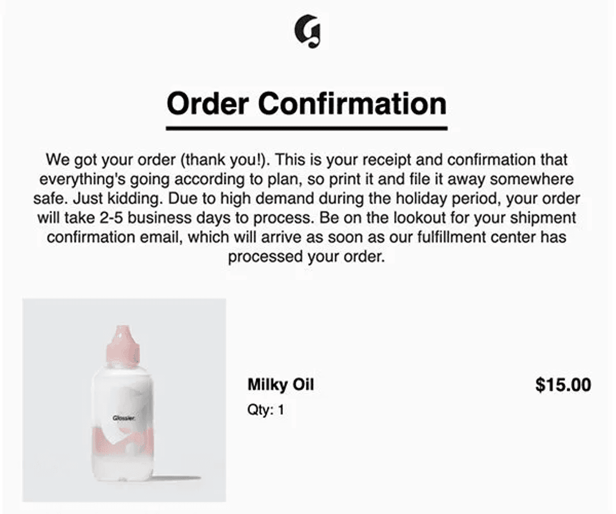 Glossier post-purchase education email example