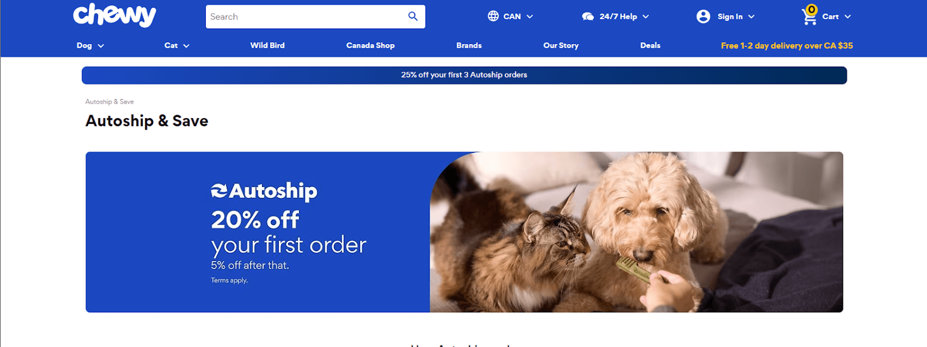 Chewy Autoship program — 20% off first order, 78% of sales from auto-ship