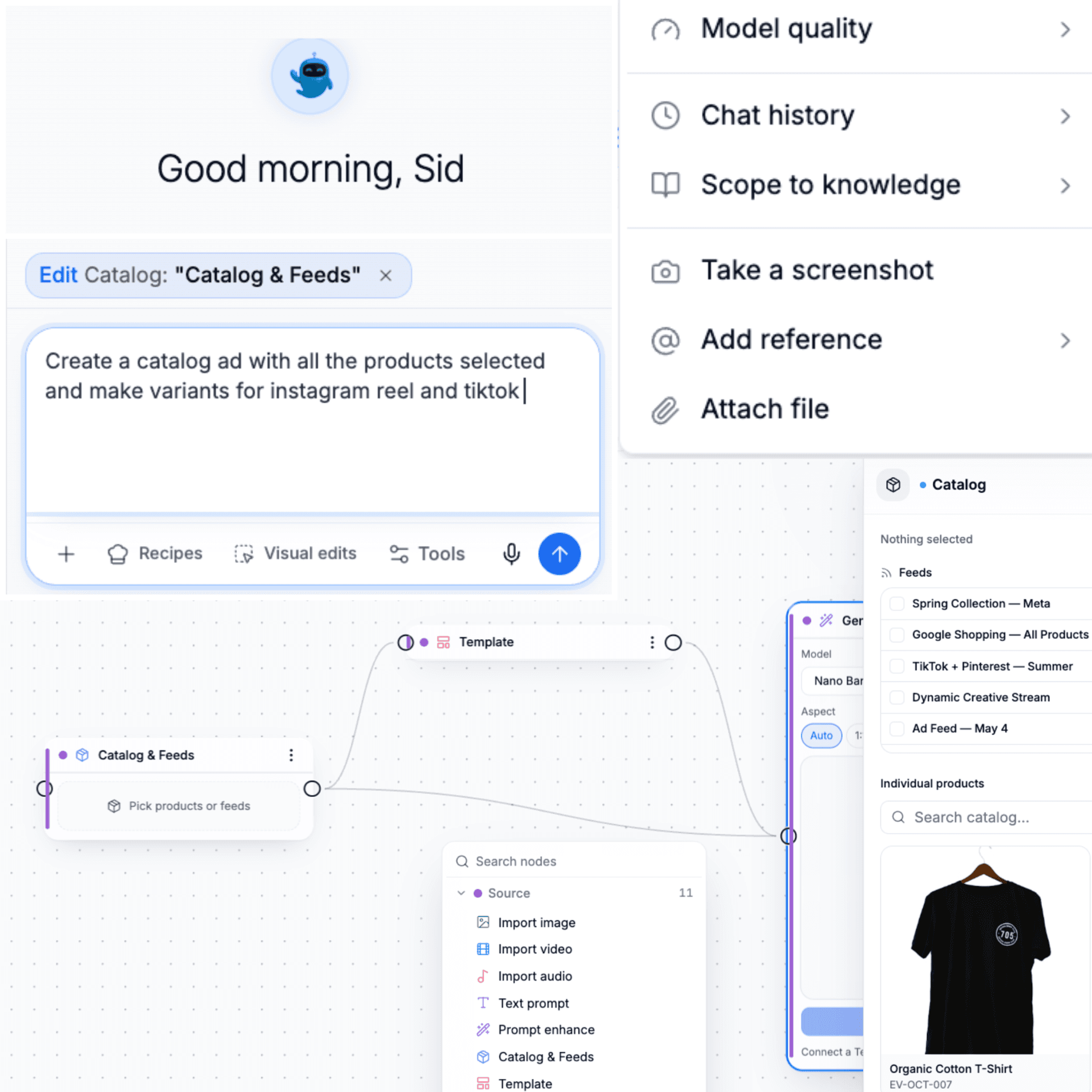 Two ways to drive the studio: Blu chat and visual canvas