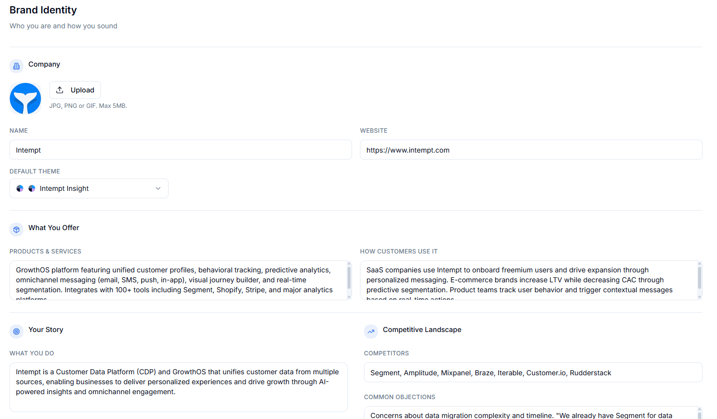 Brand Identity settings — company info, offer, and story