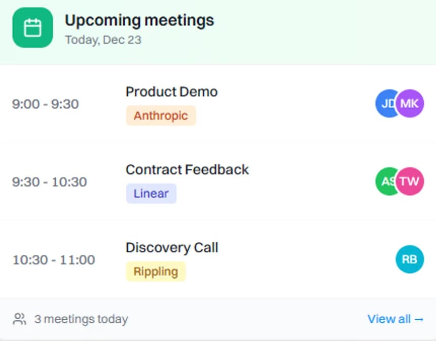 Scheduling & Booking — upcoming meetings and smart routing