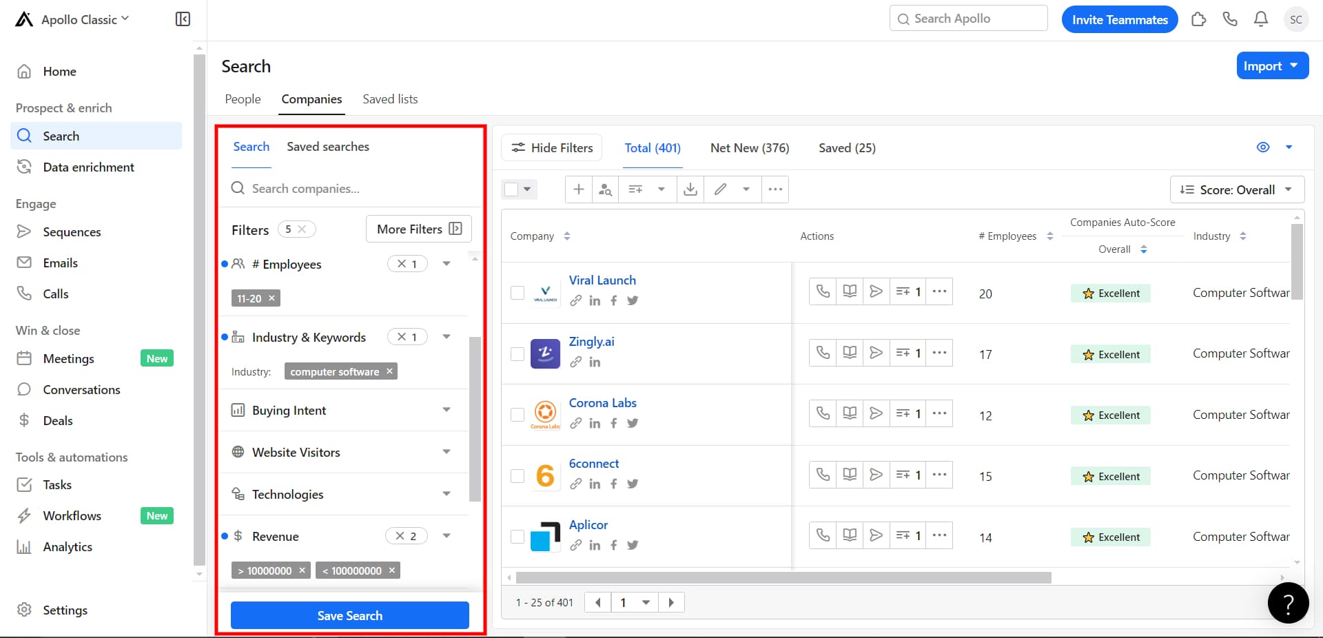 Filter the leads via Apollo.io