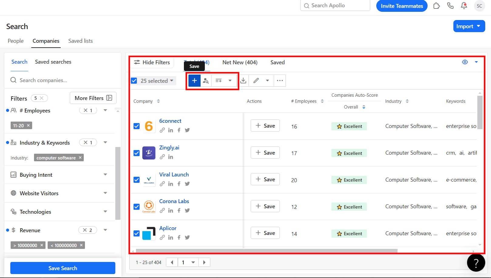 Save and export companies to CSV