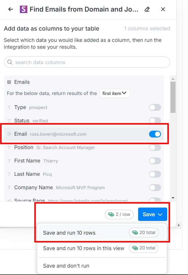 Select the Email field and run enrichment