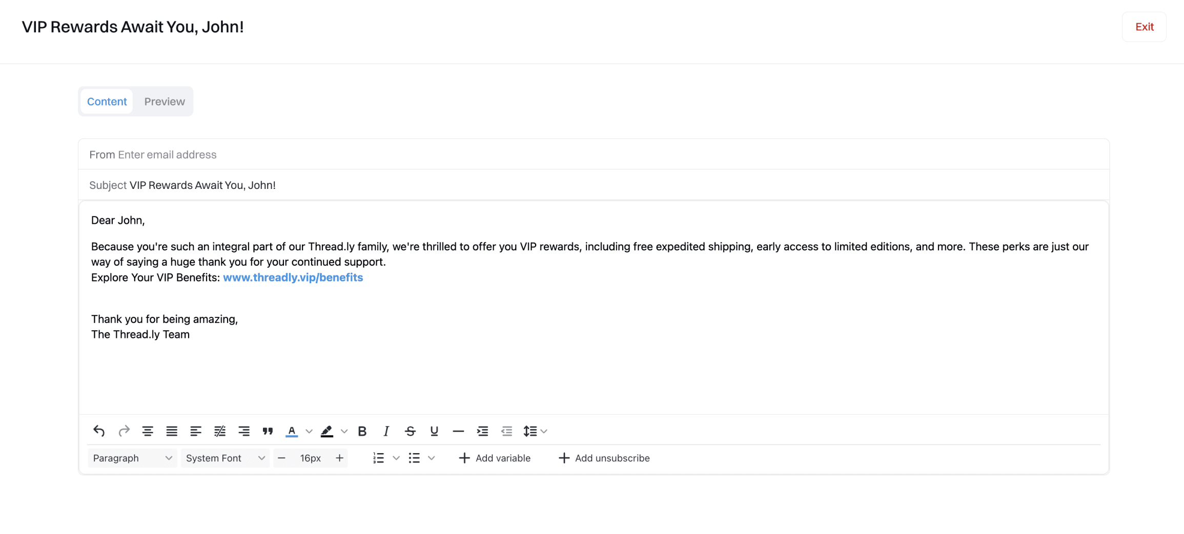 VIP Rewards Email Example