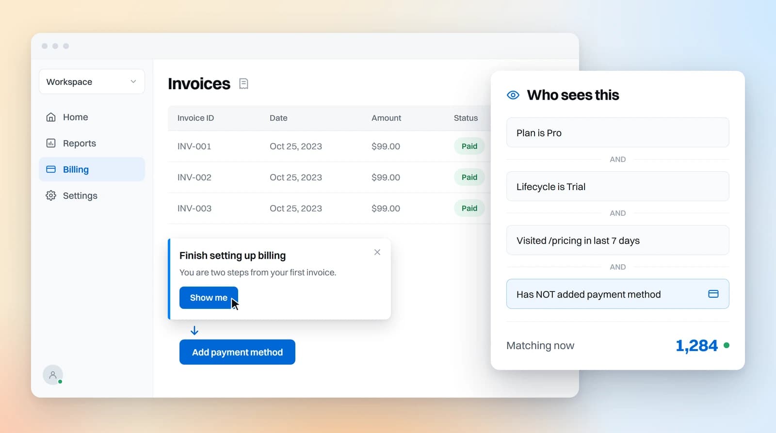 In-app surfaces targeted on the customer profile