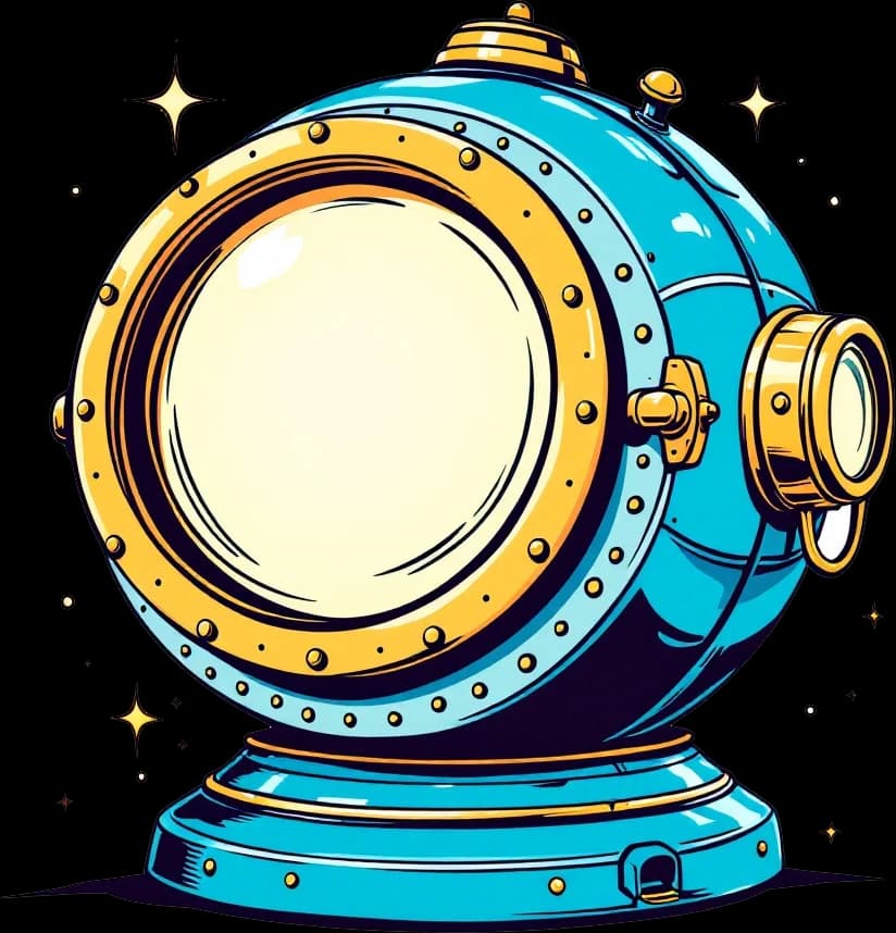 A retro diving bell with a big round porthole, Blu peeking out of it.