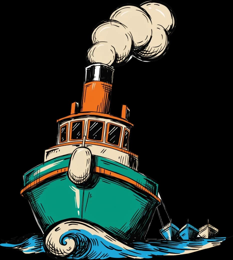 A green tugboat puffing smoke and towing a small fleet.
