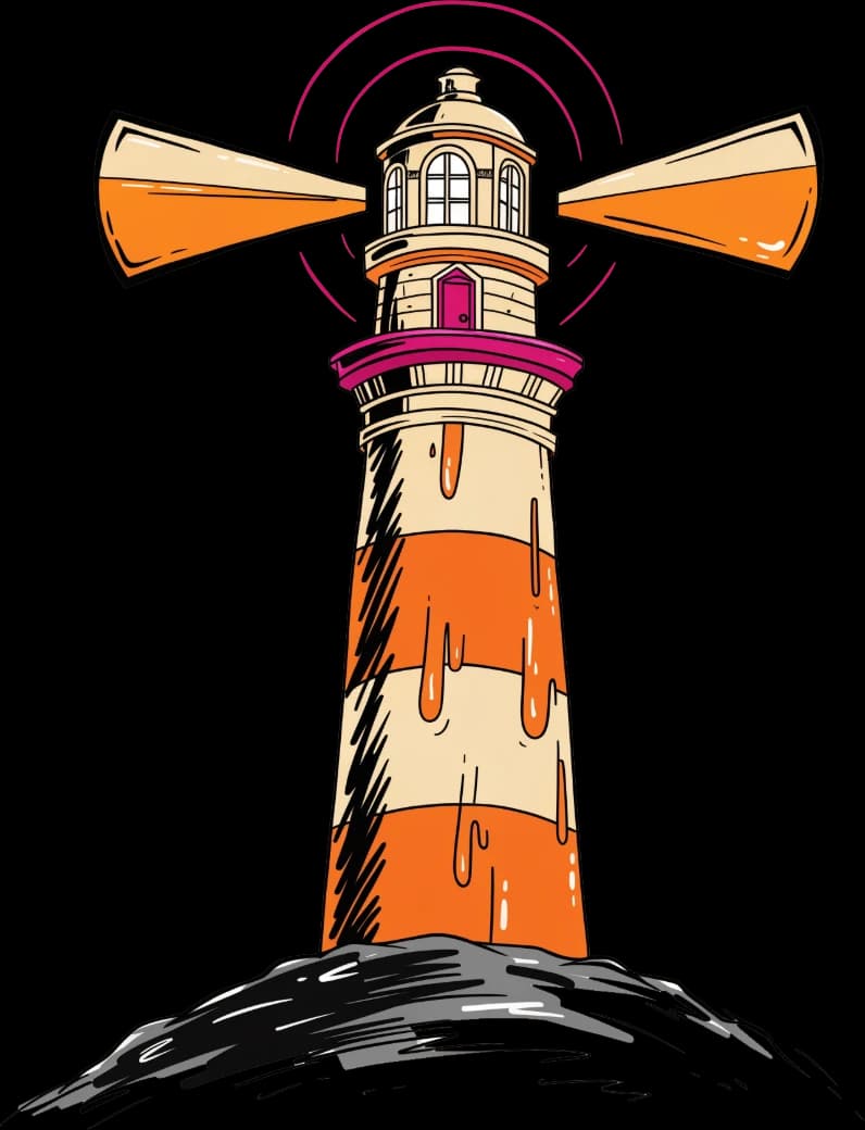 A striped lighthouse on a rock, its lamp beaming out with radio rings around it.