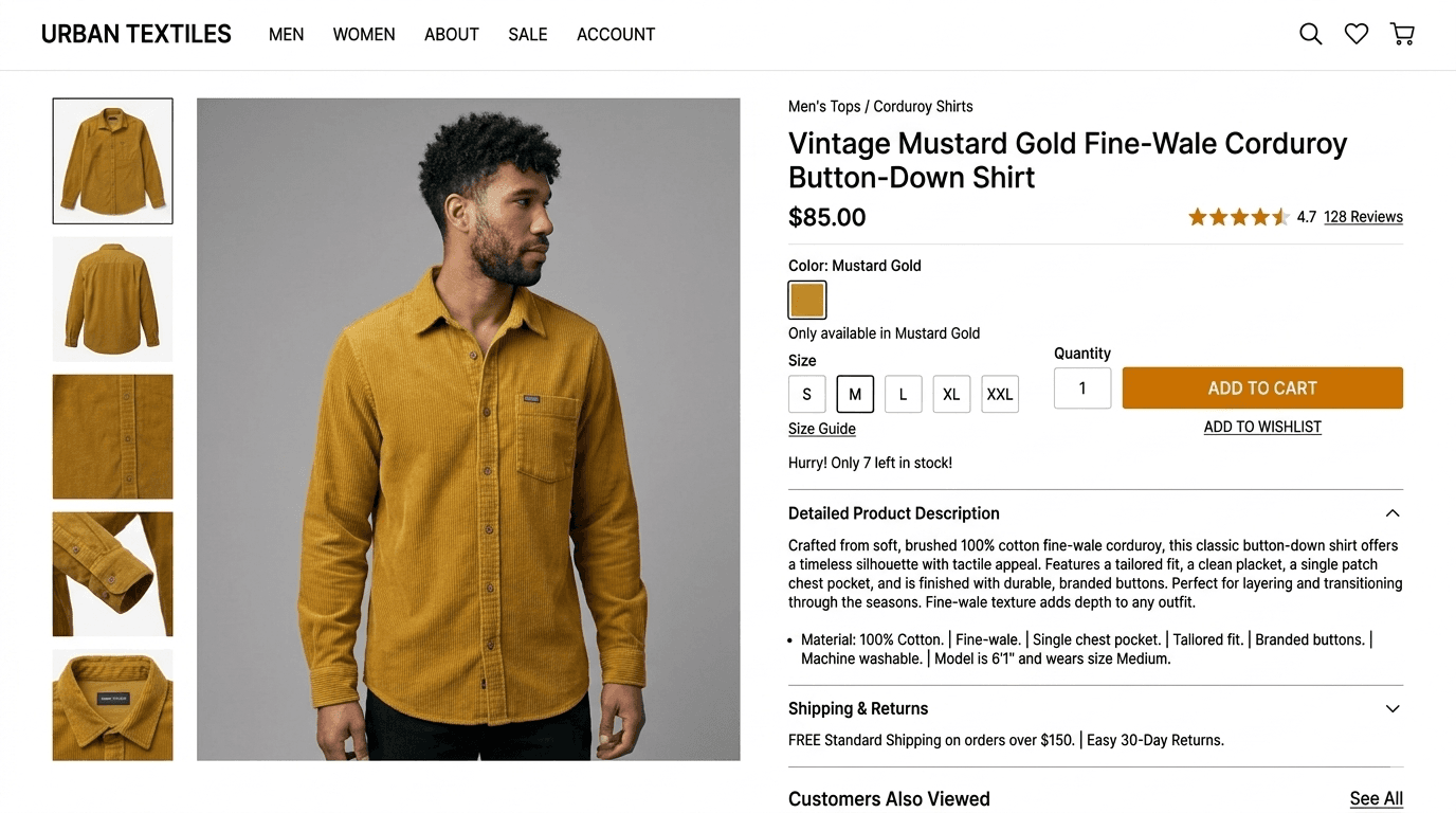 A product page for a mustard corduroy shirt with a photo gallery, size picker, and product description.