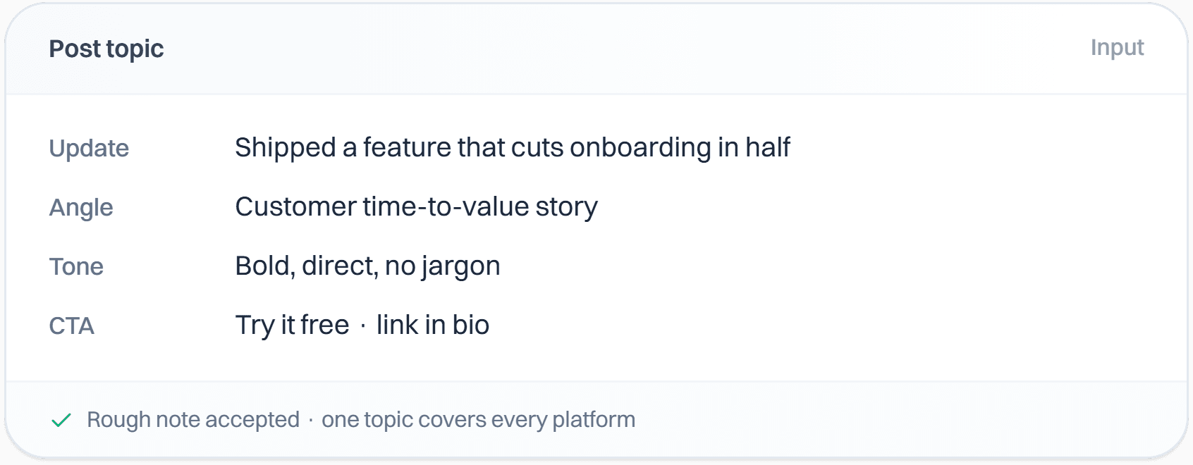 A post topic card with the update, angle, tone, and call to action filled in for one social post.