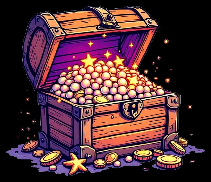 A treasure chest bursting open with pearls, gold coins and a starfish.