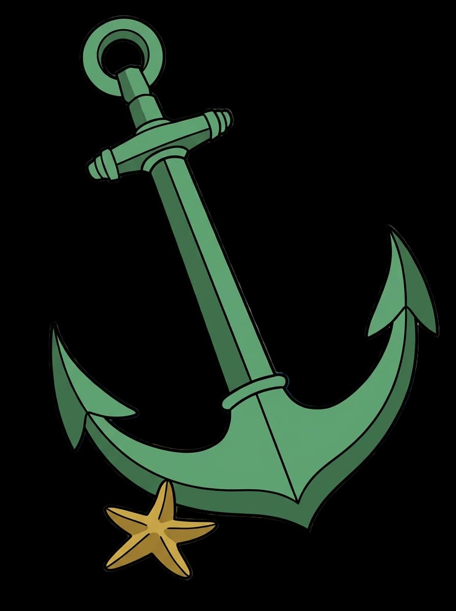 A ship anchor landing on the sandy sea floor beside a starfish.