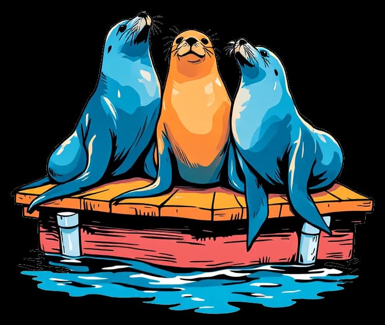 Three sea lions lounging together on a floating dock.