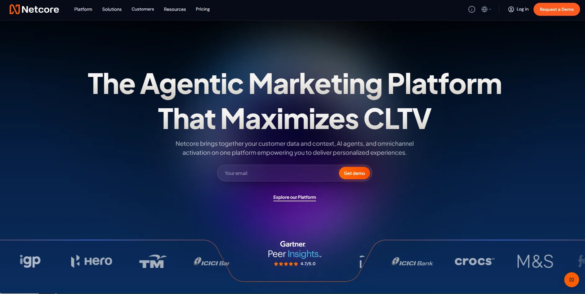 Netcore homepage headline, the agentic marketing platform that maximizes CLTV