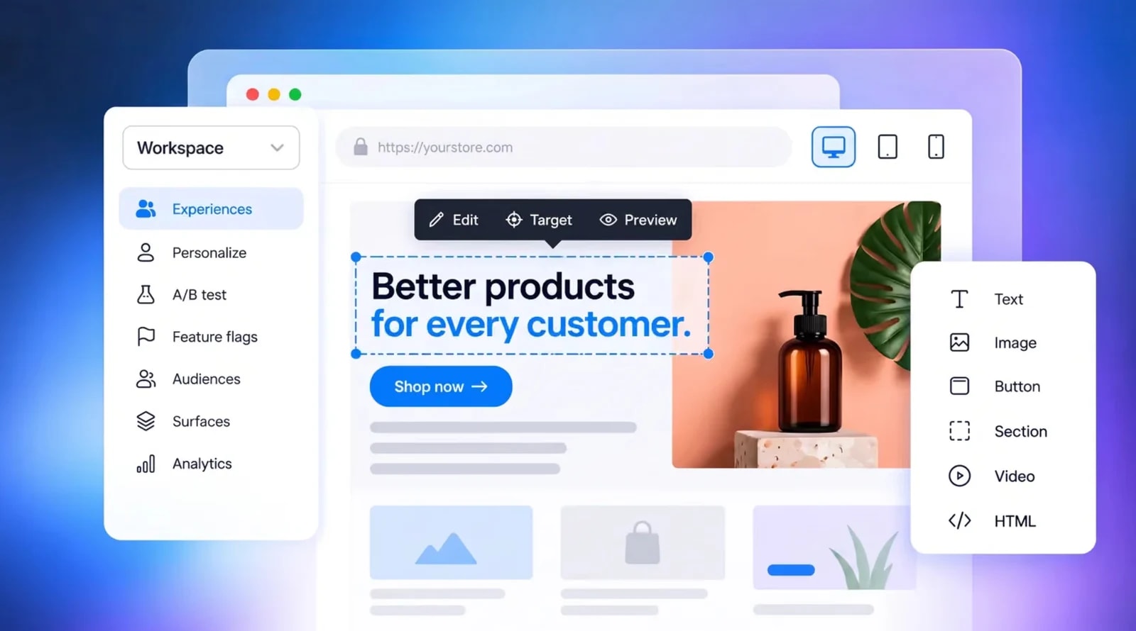 Intempt Experiences visual editor with a storefront hero being edited, a sidebar for personalize, A/B test, feature flags and audiences, and an element palette