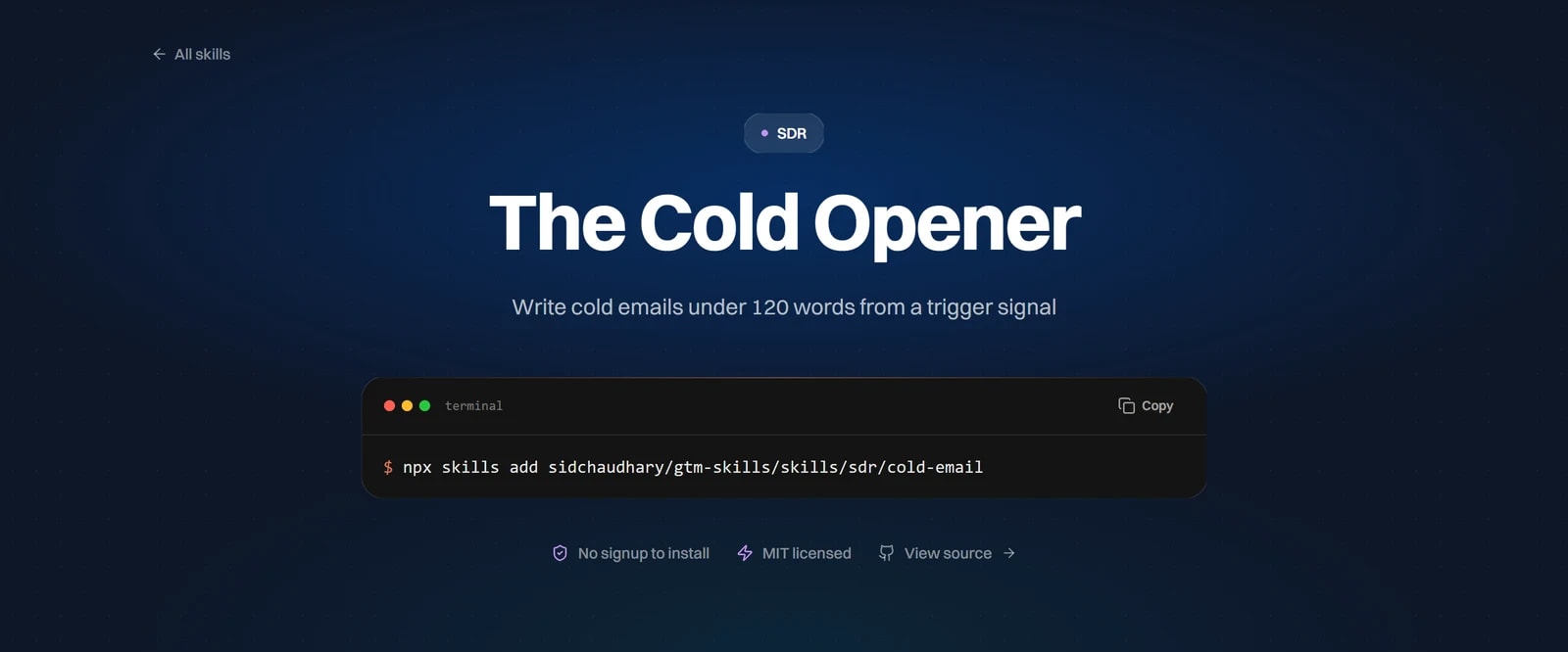 The Cold Opener skill page on intempt.com, a free Claude skill that writes cold emails under 120 words from a trigger signal
