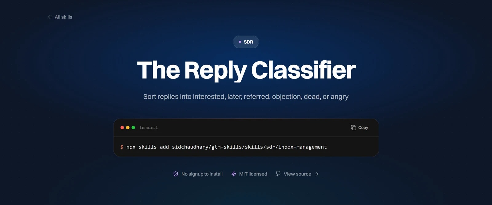 The Reply Classifier skill page on intempt.com, a free Claude skill that sorts sales email replies into six labels with evidence and a next action