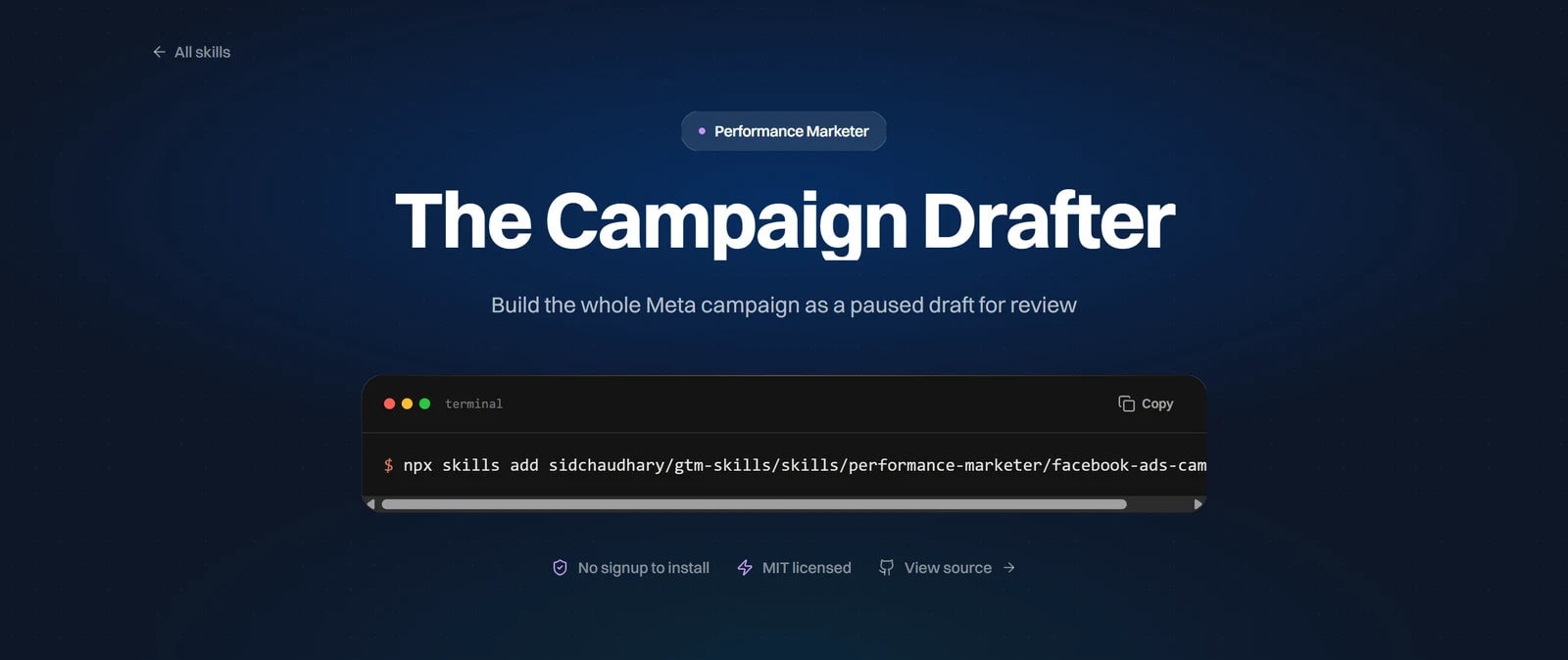 The Campaign Drafter skill page on intempt.com, a free Claude skill that builds a paused Meta campaign draft and blocks on an unverified conversion event